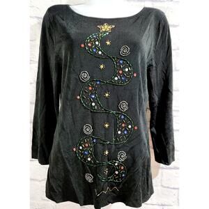 Sweaterworks Black Beaded Front Ribbed Top Medium Lightweight Flowy Soft